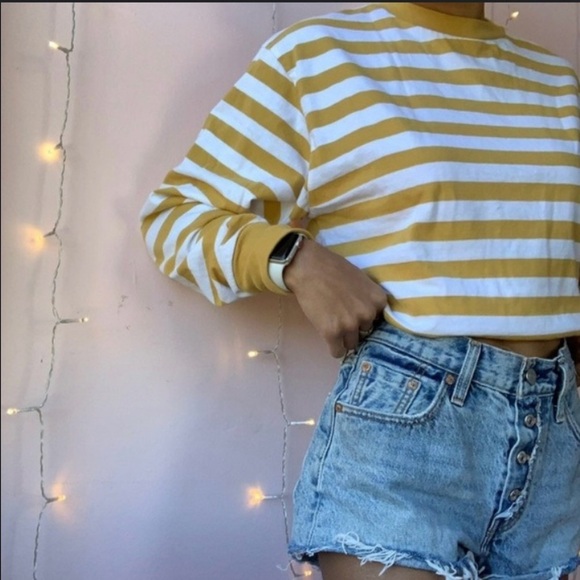 Brandy Melville Marigold Yellow White Striped Gretchen Long Sleeve Tee Shirt OS - Picture 4 of 6